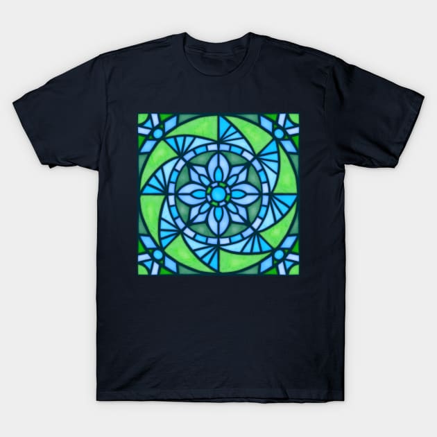 Stained glass sunflower - blues & greens T-Shirt by AprilAppleArt